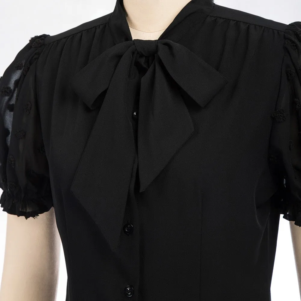 Bow-Knot Decorated Shirt Short Sleeve Stand Collar Tops