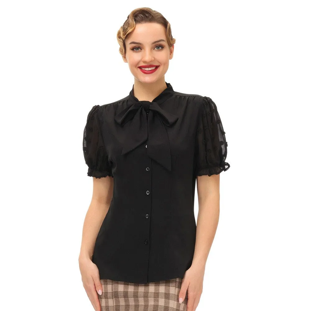 Bow-Knot Decorated Shirt Short Sleeve Stand Collar Tops