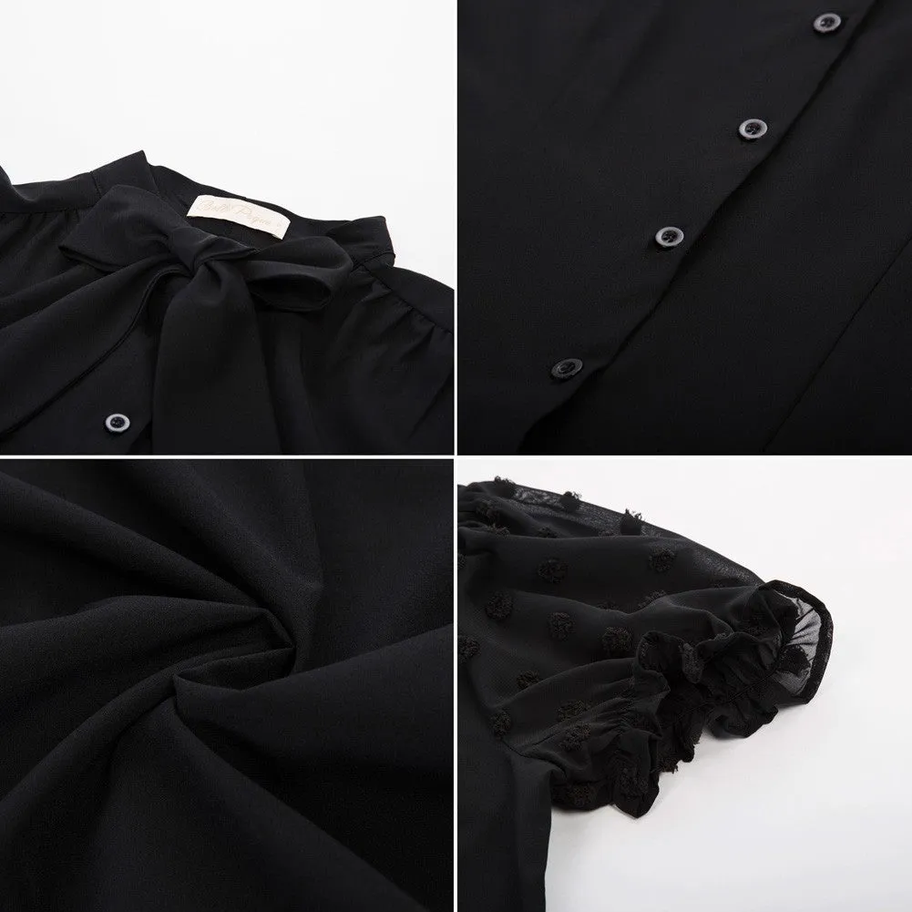 Bow-Knot Decorated Shirt Short Sleeve Stand Collar Tops
