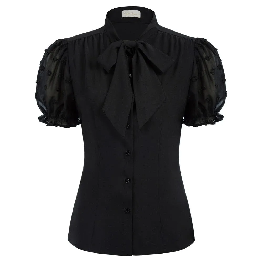 Bow-Knot Decorated Shirt Short Sleeve Stand Collar Tops
