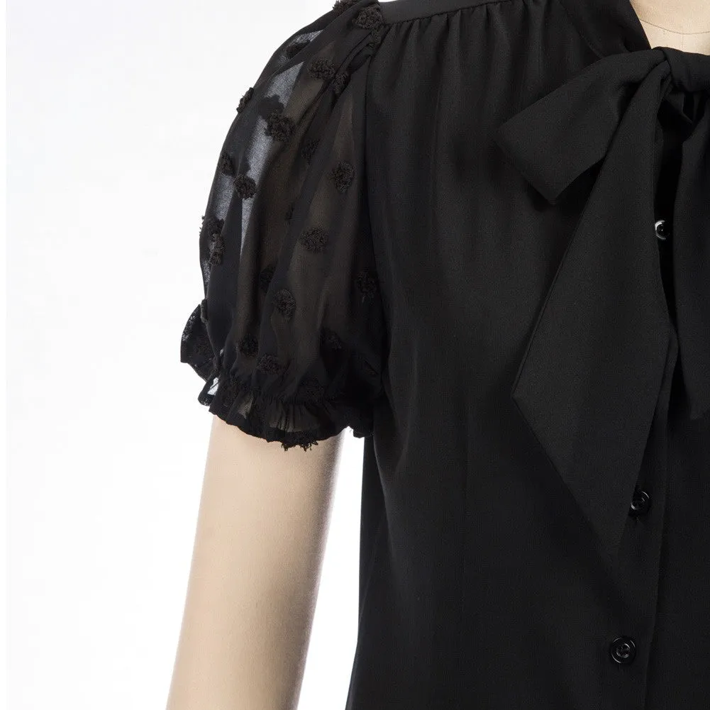 Bow-Knot Decorated Shirt Short Sleeve Stand Collar Tops