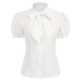Bow-Knot Decorated Shirt Short Sleeve Stand Collar Tops
