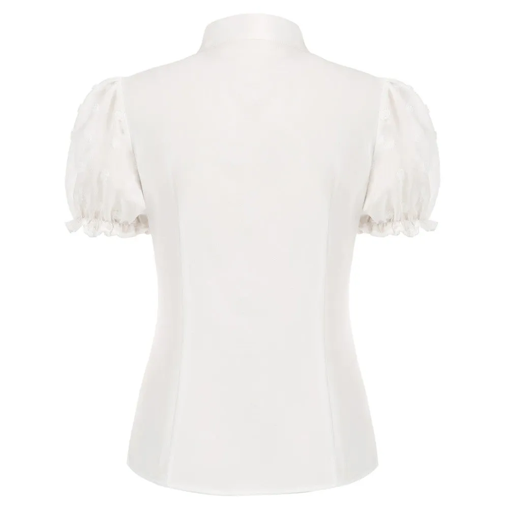 Bow-Knot Decorated Shirt Short Sleeve Stand Collar Tops