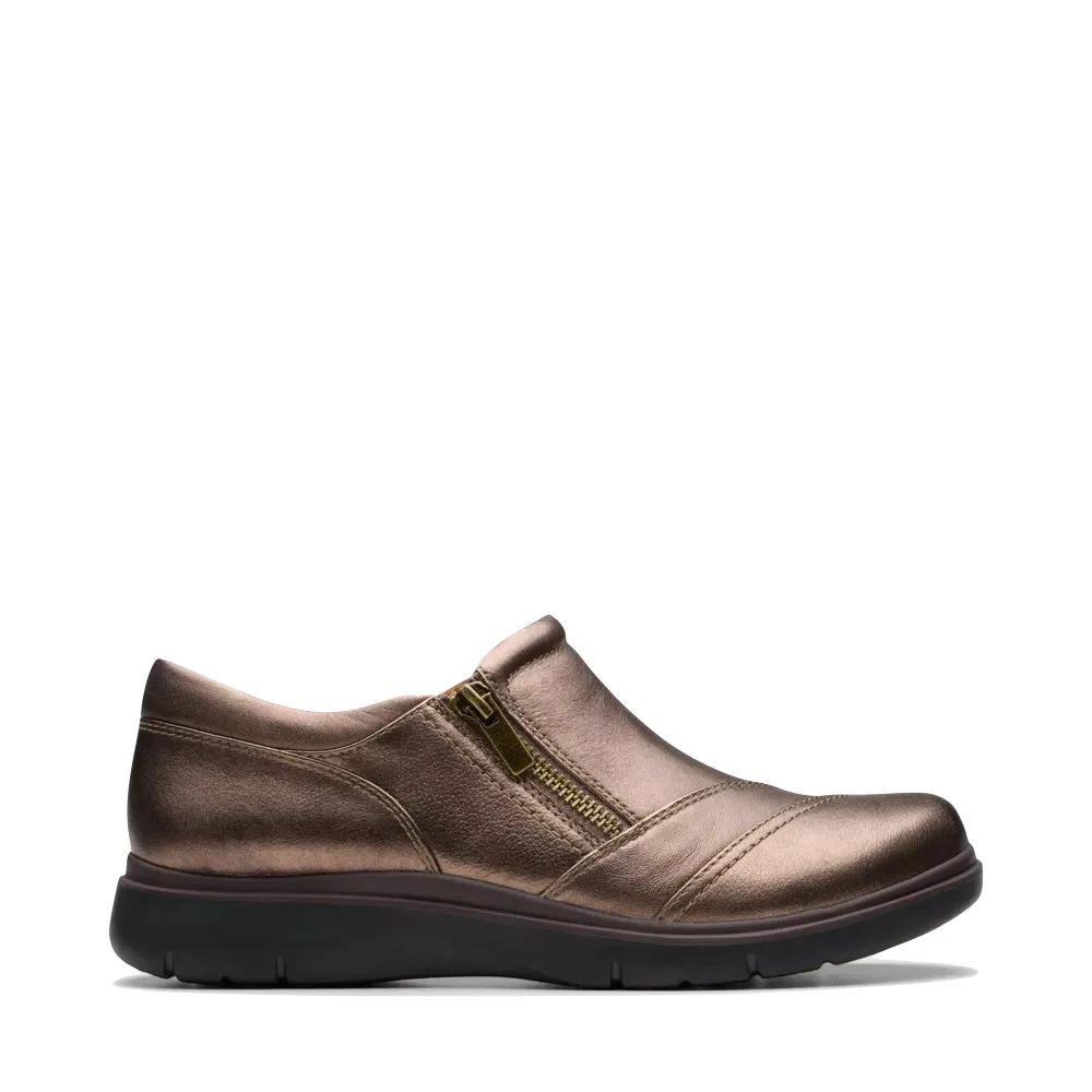 Clarks Women's Certina Pure Leather Side Zip Slip On in Antique Brown Bronze