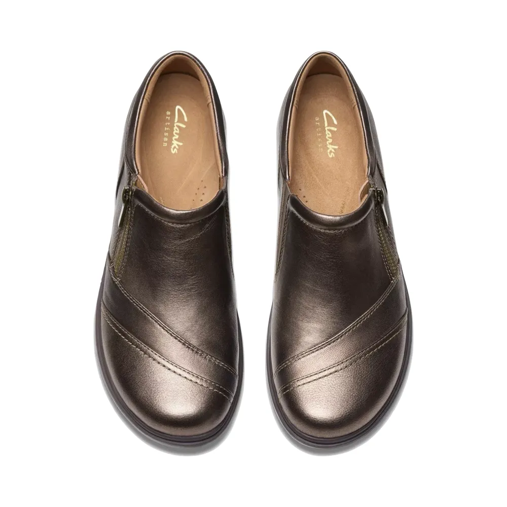 Clarks Women's Certina Pure Leather Side Zip Slip On in Antique Brown Bronze