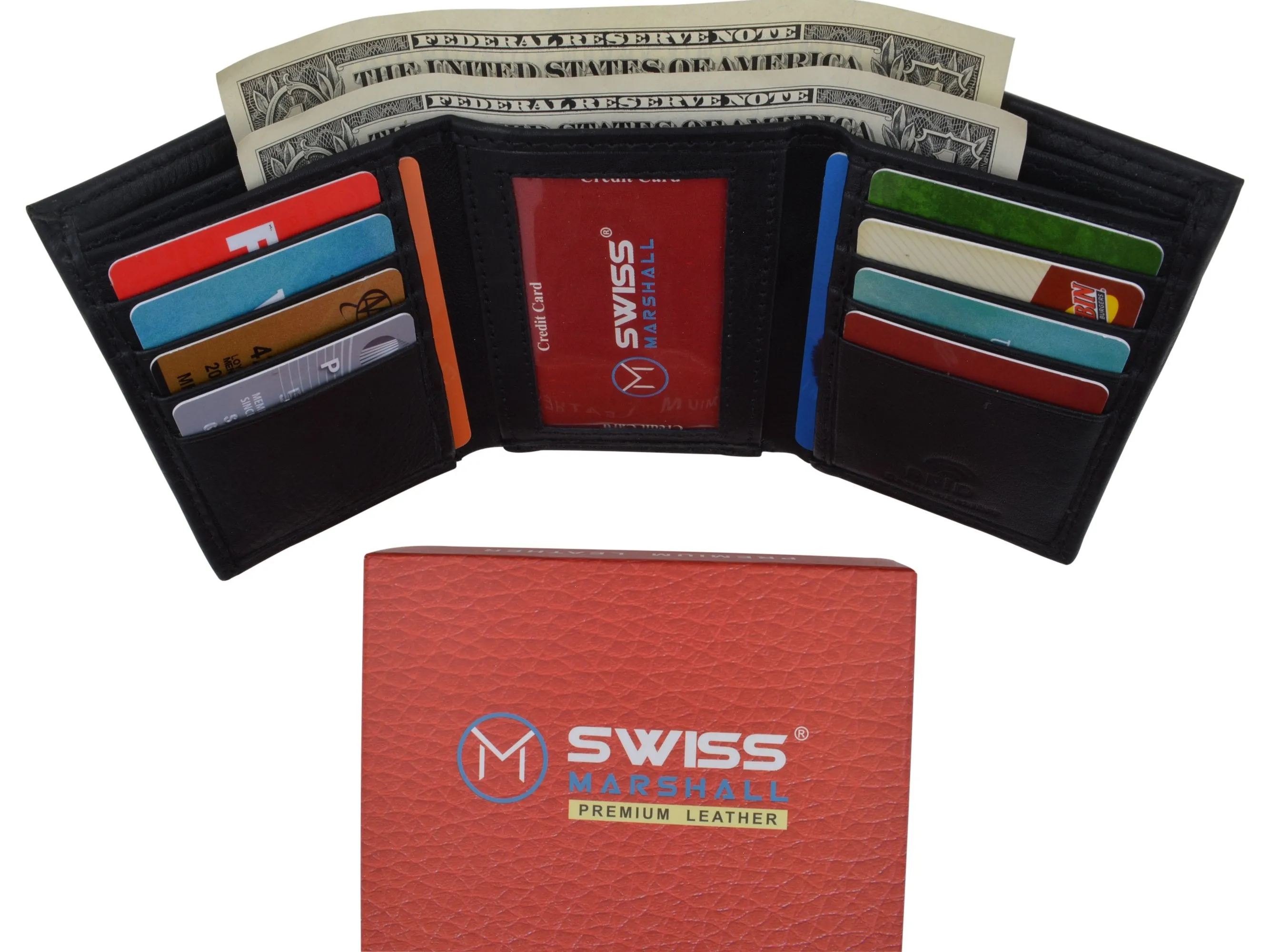RFID Blocking Premium Leather Black Classic Trifold Credit Card ID Wallet Box RFID520055